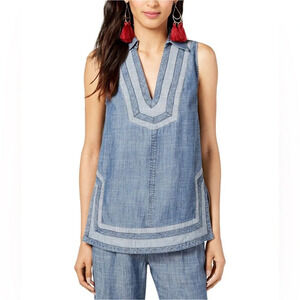 Trina Turk | Linen Blend Pleasanton Sleeveless Chambray Tunic Top- Size M